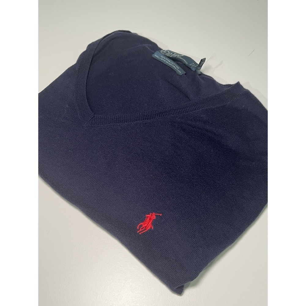 Polo Ralph Lauren VNeck Sweater Mens XL Blue Pima Cotton Pullover Preppy Vintage